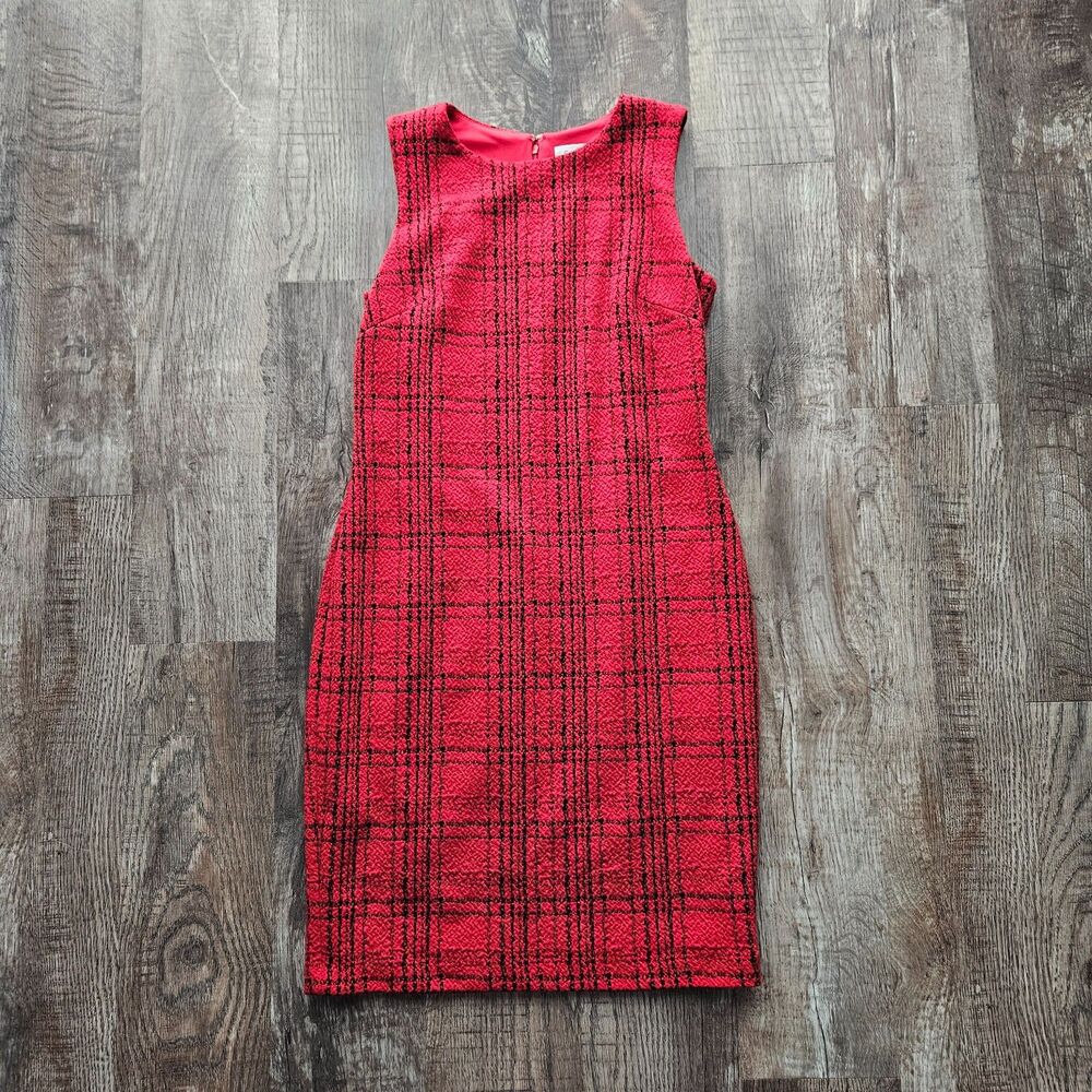 6P Calvin Klein Red Plaid Sheath Dress